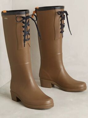 Aigle Miss Juliette Brown Lace-Up Knee-High Heeled Rain Boots Wellies